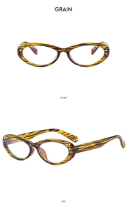 Detailed front and side view of oval cat-eye glasses with wood grain texture frames
