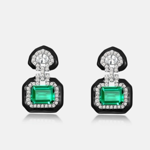 Art Deco S925 silver earrings with emerald cut green stone and black enamel details