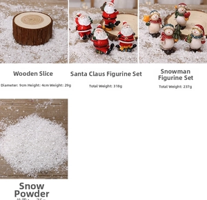 Detailed Christmas wooden house DIY kit components including Santa, snow powder, and wood base