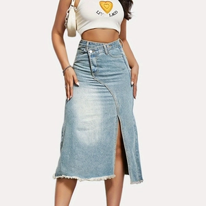 Falda Midi De Mezclilla De Algodón Para Mujer Cintura Alta Cintura Asimétrica Abertura Frontal Dobladillo Deshilachado Azul