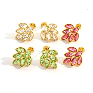 18K gold stainless steel leaf earrings set with white, green and pink cubic zirconia