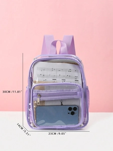 Detailed size specifications for purple PVC transparent backpack with 30cm height dimension