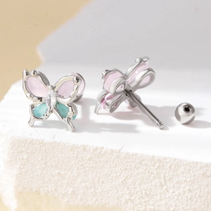 Cute butterfly screw back titanium steel stud earrings with pink and blue enamel