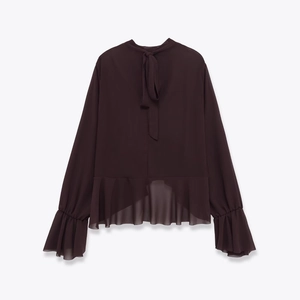 Women's dark brown long sleeve chiffon top with back bow tie and ruffle details