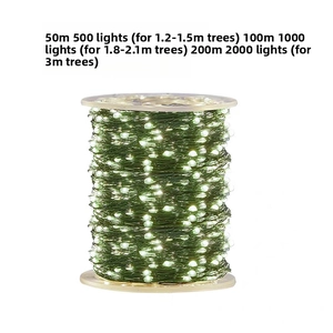 Detail of LED string lights on a reel showing 50m to 200m length specs for outdoor trees