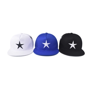 Flat brim cotton baseball caps with embroidered stars in white, blue, and black colors