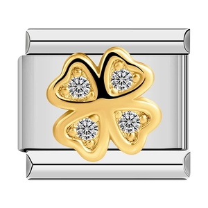 Italian modular charm featuring golden four-leaf clover with inlaid crystals on silver base