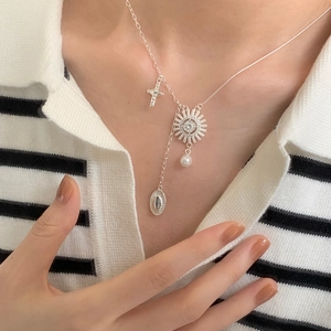 Sun Goddess Sunburst Pendant Cross Oval Badge Freshwater Pearl S925 Sterling Silver Necklace Vintage Gold Plated Jewelry