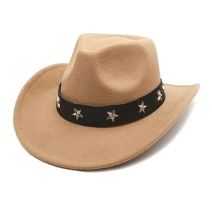 Close-up of camel felt cowboy hat with black leather band and silver star studs
