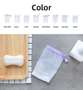 Detail of multi-color double-layer foaming mesh bags with drawstring for soap bars