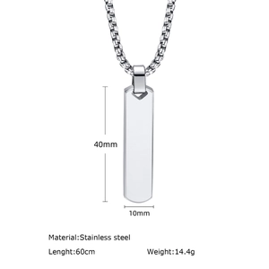 Polished stainless steel rectangular vertical bar pendant necklace for men with 60cm chain