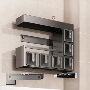 Wall-mounted dark grey kitchen spice rack with 5 transparent drawers and a 23cm backplate