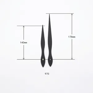Black metal clock hands set model 970 with dimensions 140mm and 178mm length measurements
