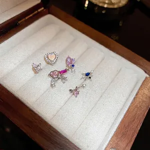 6-piece set of heart and butterfly silver stud earrings with colorful zircon stones