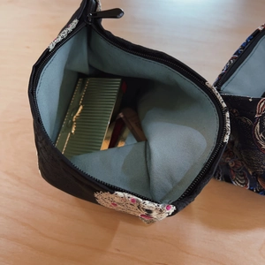 Traditional Chinese black brocade makeup bag with floral embroidery and spacious interior