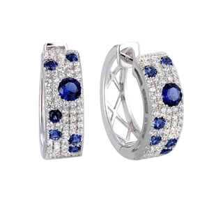 Elegant silver hoop earrings with blue and white pavé zircon stones in a symmetrical design