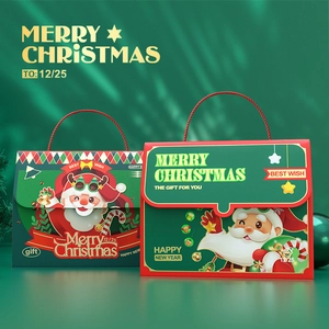 Christmas paper gift box with handle and Santa Claus design in festive red and green theme