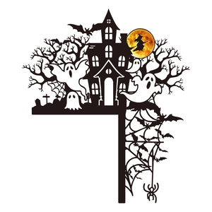 Halloween black silhouette door corner sticker featuring castle, witch, ghost and bats