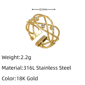 Detail view of 18K gold plated stainless steel intertwined ring with cubic zirconia stones