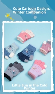 Close-up of children's knit gloves with 3D star patches in various pastel colors