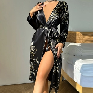 Elegant black floral satin robe with V-neck and waist tie for a stylish lounging look