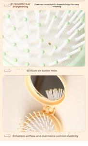 Detail of a portable folding hairbrush with match-tip bristles and integrated mirror