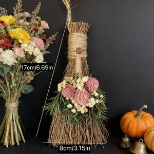 Miniature straw broom with pink dried flowers and hemp rope for holiday decor, 17x8cm
