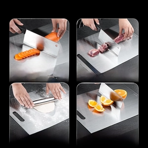 Detail of 316 stainless steel cutting board used for meat, vegetables, fruit, and dough