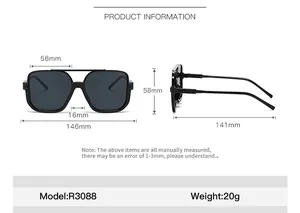 Detaillierte Größenangaben für die quadratische Sonnenbrille mit 146mm Gesamtbreite