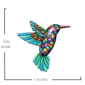 Colorful metal hummingbird wall art decor with dimensions 5.3x4.7 inches on white background