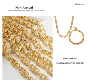 Macro detail of gold-plated geometric link chain necklace and bracelet jewelry set