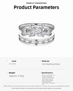 Detail view of S925 sterling silver ring set featuring ice-cut rectangular main stone