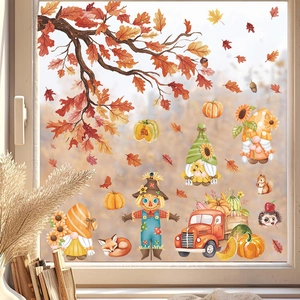 Autocollants Fenêtre Automne PVC Statiques Thanksgiving Gnomes Épouvantail Citrouille Feuille Érable Camion Dessin Animé Pour Verre