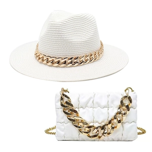 White woven fedora straw hat and quilted crossbody bag set with chunky gold chain
