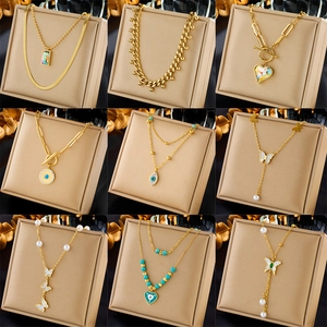 Stainless Steel Necklaces For Women With Butterfly Heart Evil Eye Pendant Mother Of Artificial Pearl Faux Artificial Pearl Multi Layer Elegant
