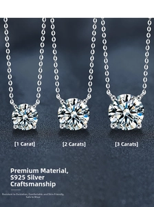 Detail view of 1ct, 2ct and 3ct moissanite pendants in S925 sterling silver settings
