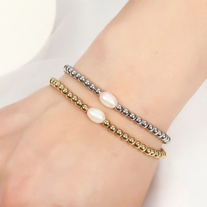 18K gold plated waterproof stainless steel bead bracelet with a 4mm freshwater pearl