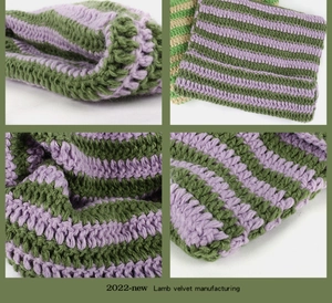 Detail of striped purple and olive green lamb velvet knit texture on this warm winter hat