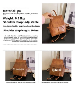 Detail view of brown vintage backpack with drawstring, 18x22x9cm dimensions and PU texture