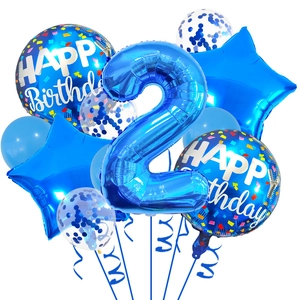 Blue 2nd birthday balloon set with number 2, star foil balloons and confetti balloons