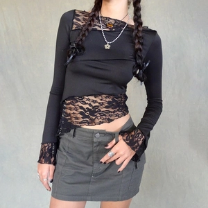 Slim fit black long sleeve t-shirt for women with lace stitching and irregular hem