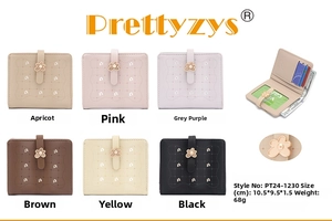 Detail view of compact PU leather wallet showing metal flower clasp and color options