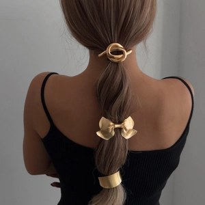 Elegant Alloy Bow Hair Clip And Knot Ponytail Cuff Elastic Hair Ties Simple Versatile Gold Silver Hair Accessories For Women
