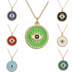 Evil Eye Round Pendant Necklace Gold Plated Copper Enamel Rhinestone Inlaid Fashion Jewelry For Women