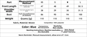 Size chart and fabric details for striped pajama set including length and chest measurements