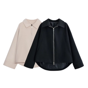 Women Short Woolen Jacket Zipper Up Lapel Collar Polyester Solid Color Cropped Loose Outerwear Elegant Fashion