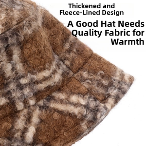 Close-up detail of plush lamb wool fabric and tie-dye texture on winter bucket hat