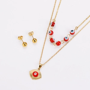 Fashion Stainless Steel Double Layer Necklace And Stud Earrings Evil Eye Sun Pendant Jewelry For Women