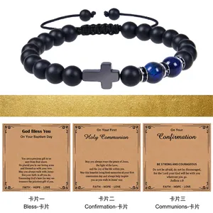 8MM black matte stone and blue tiger eye beaded bracelet with cross on theme cards
