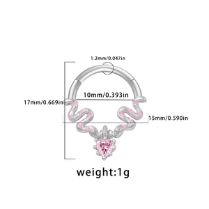 Detailed dimensions of pink heart septum ring with enamel stripes and 10mm inner diameter